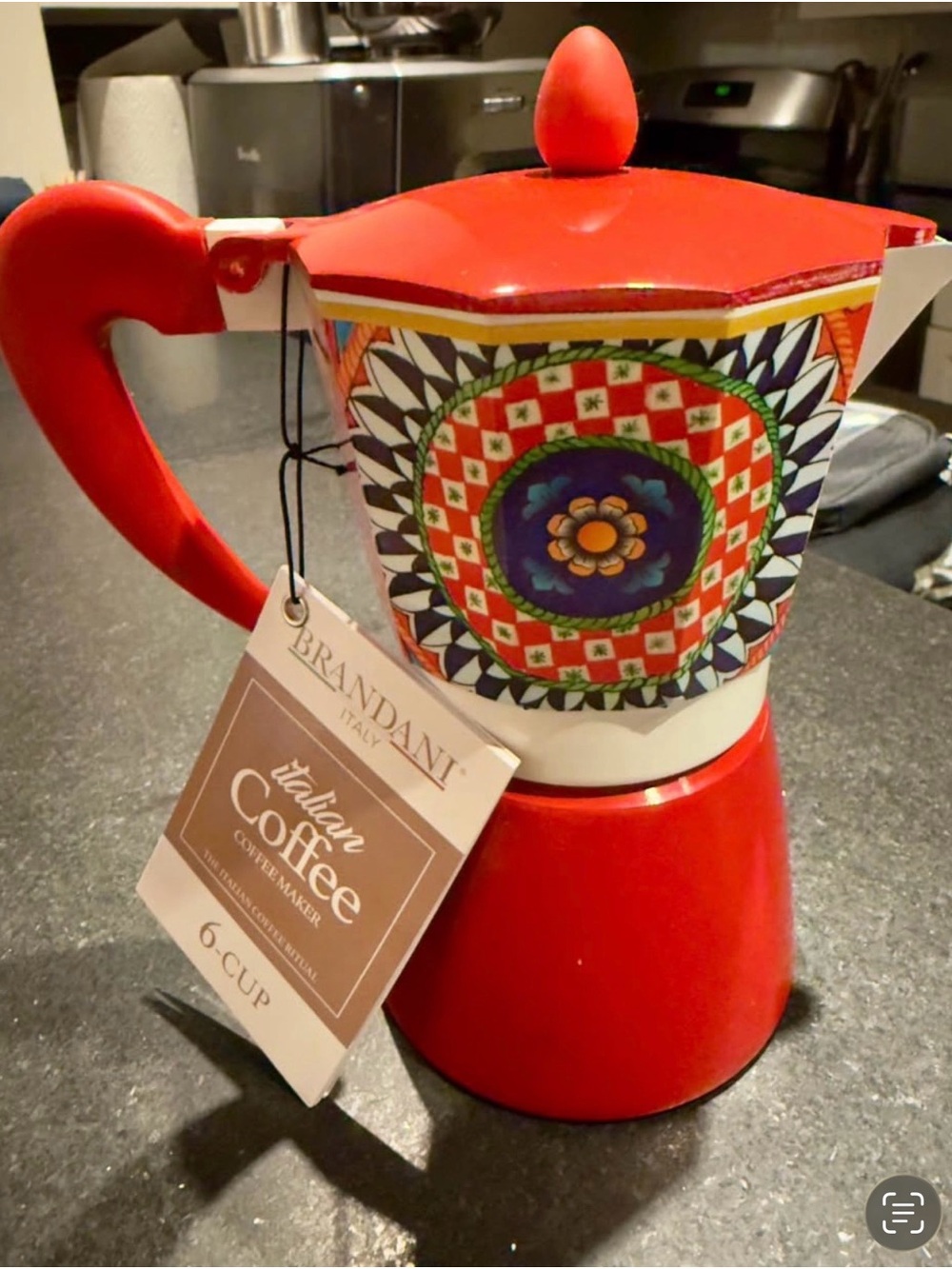 Red Italian 6-Cup Stovetop Espresso Maker with Decorative Pattern